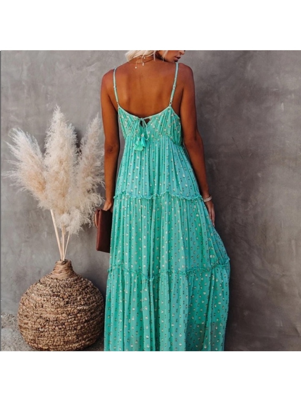 Boho Tiered V-Neck Summer Maxi Dress in Teal Floral lined. Never worn NWOT - Picture 2 of 11